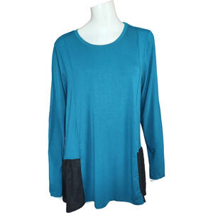 LOGO by Lori Goldstein Aqua Black Lace Detail Long Sleeve Top Womens‎ Large NWT
